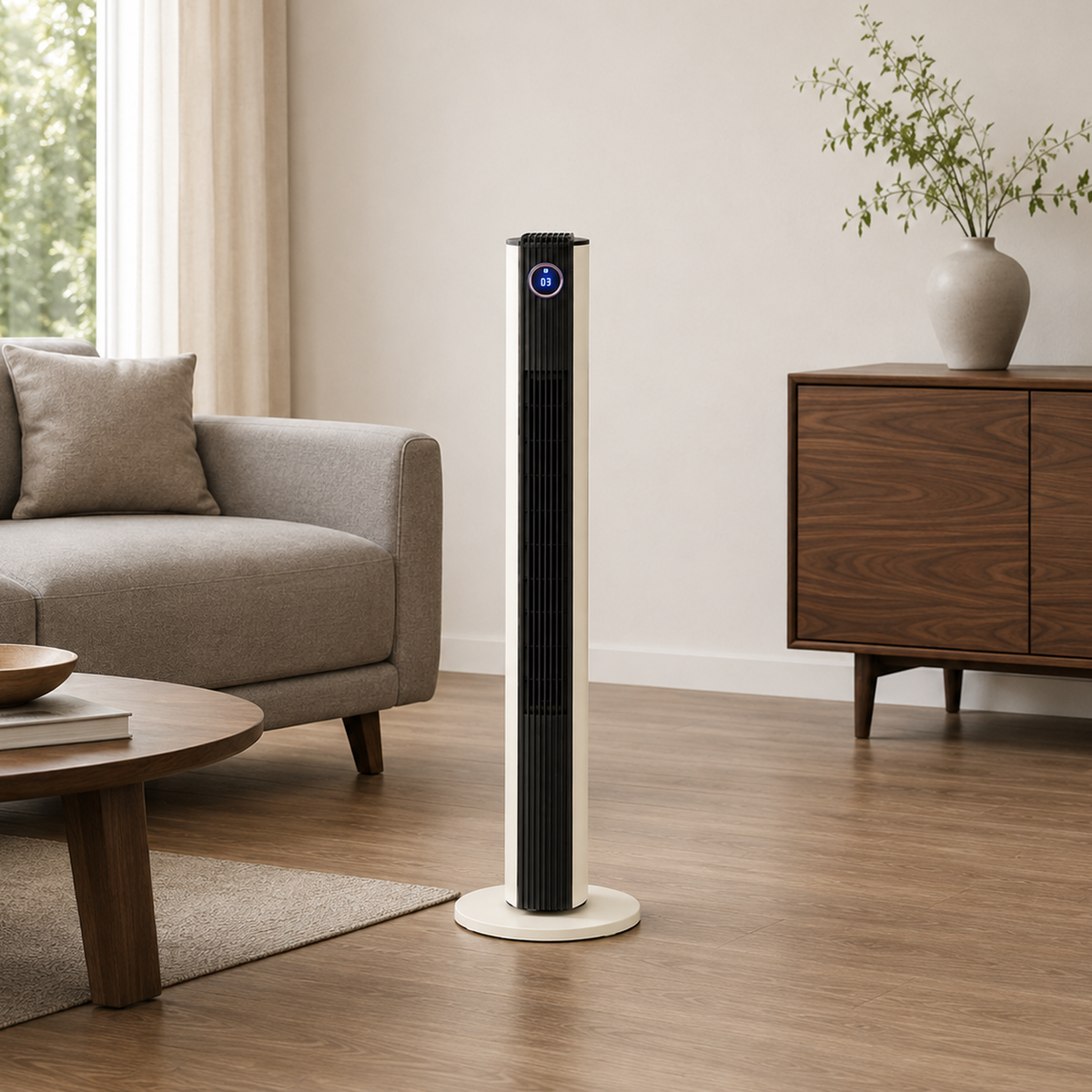 Cream tower fan standing on a wooden floor beside a sofa in a daylit living room