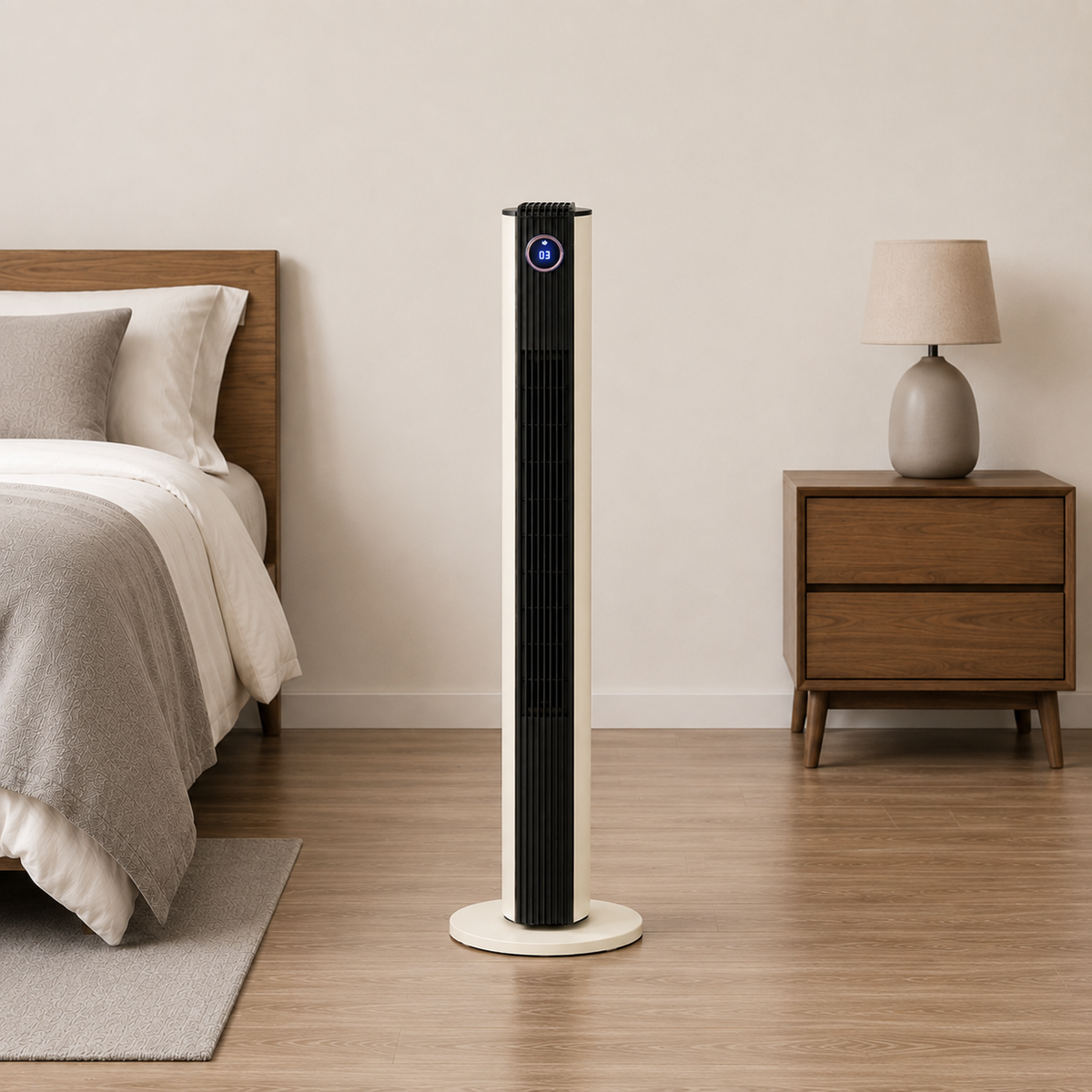 Cream tower fan standing beside a bed in a daylit bedroom, centred in the frame