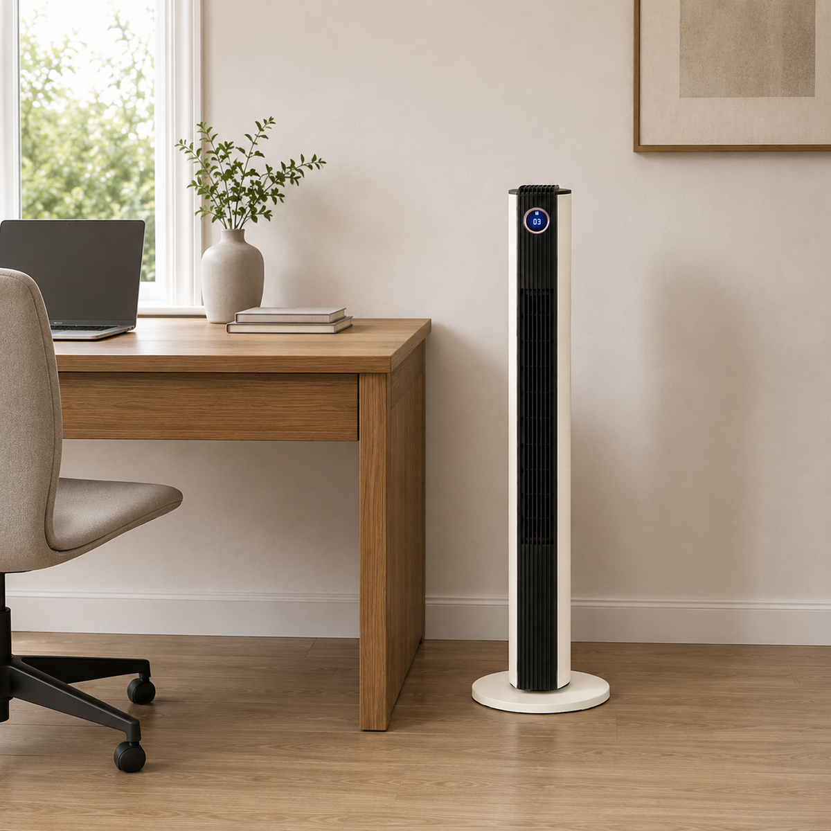 Cream tower fan standing beside a desk in a home office in daylight