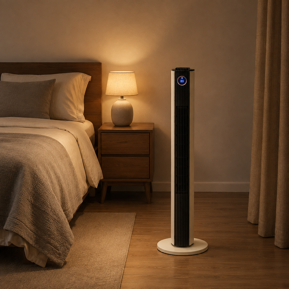 Cream tower fan beside a bed in the evening with its round display lit