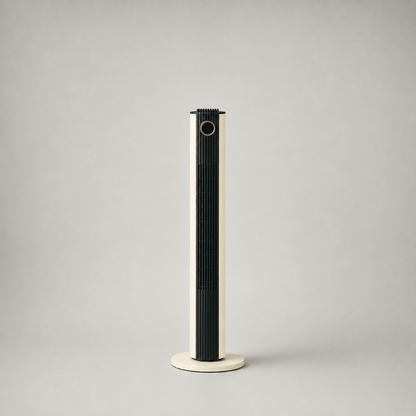 Cream tower fan photographed from the front on a plain grey background