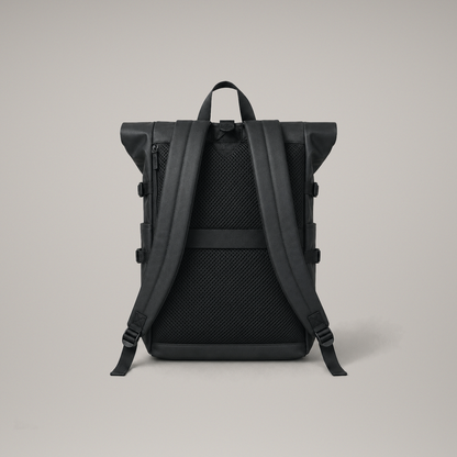 Studio rear view showing the diamond quilted mesh back panel, padded shoulder straps and luggage band