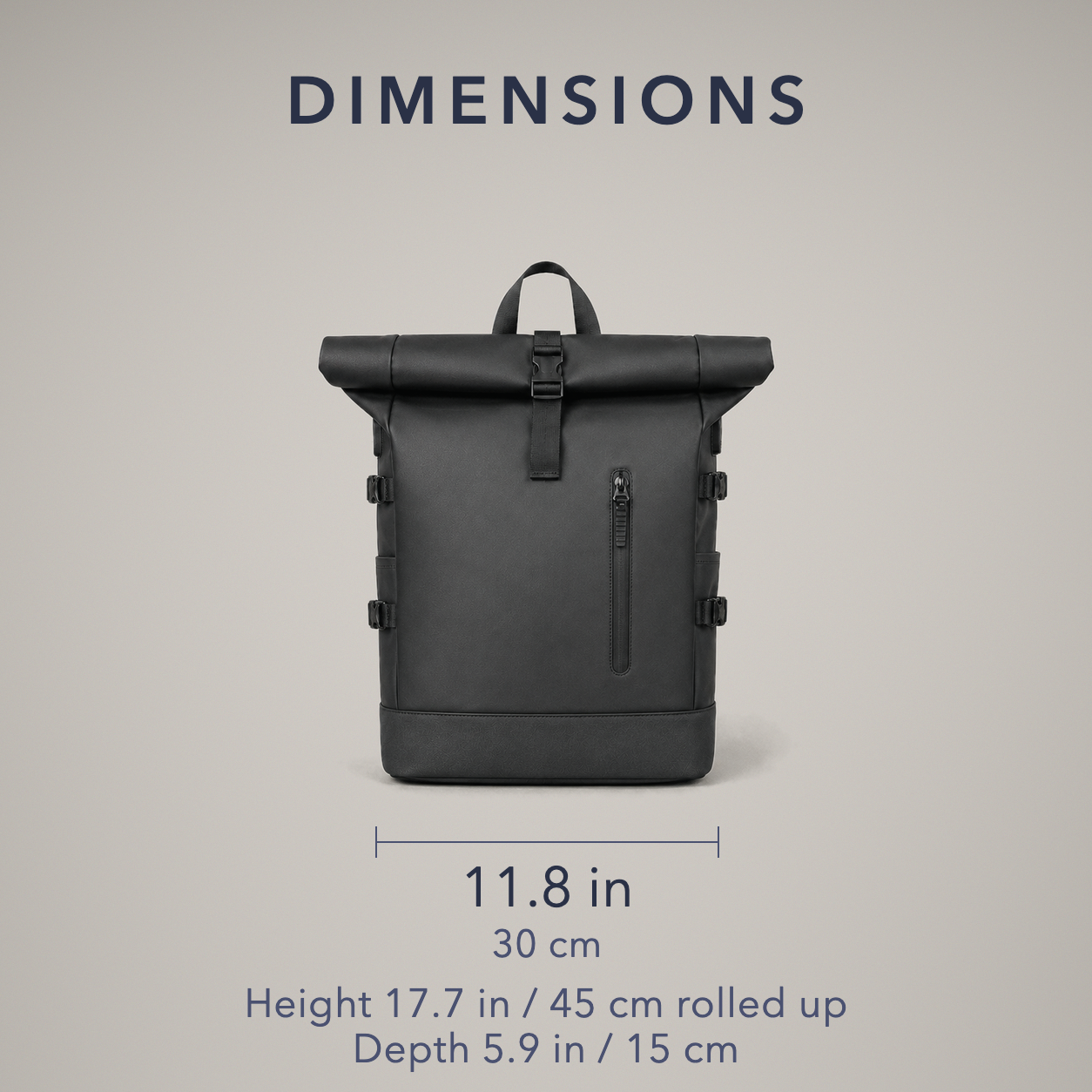 Dimension card: 11.8 inches or 30 cm wide, height 17.7 inches or 45 cm rolled up, depth 5.9 inches or 15 cm