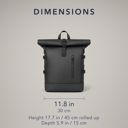Dimension card: 11.8 inches or 30 cm wide, height 17.7 inches or 45 cm rolled up, depth 5.9 inches or 15 cm
