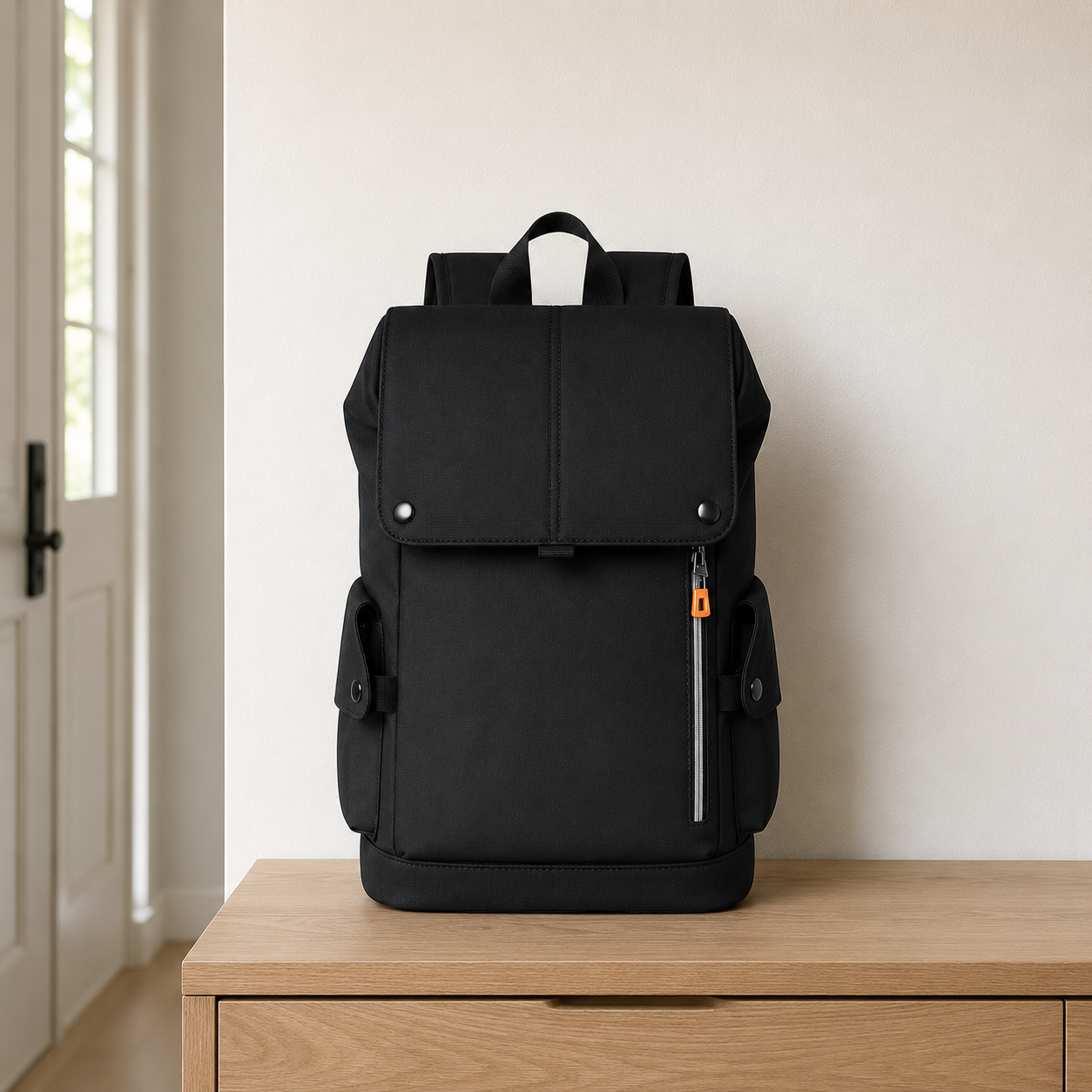 Black business backpack standing on a hallway console table in daylight
