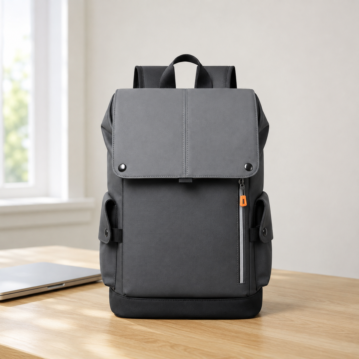 Dark gray business backpack on a desk beside a closed laptop in daylight
