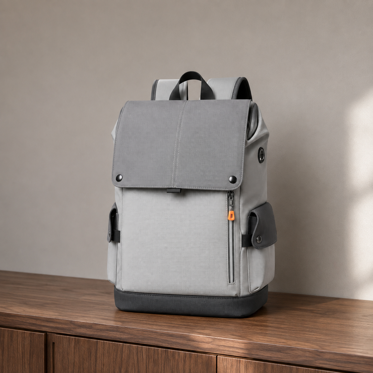 Light gray business backpack on a wooden sideboard, seen from a three quarter angle