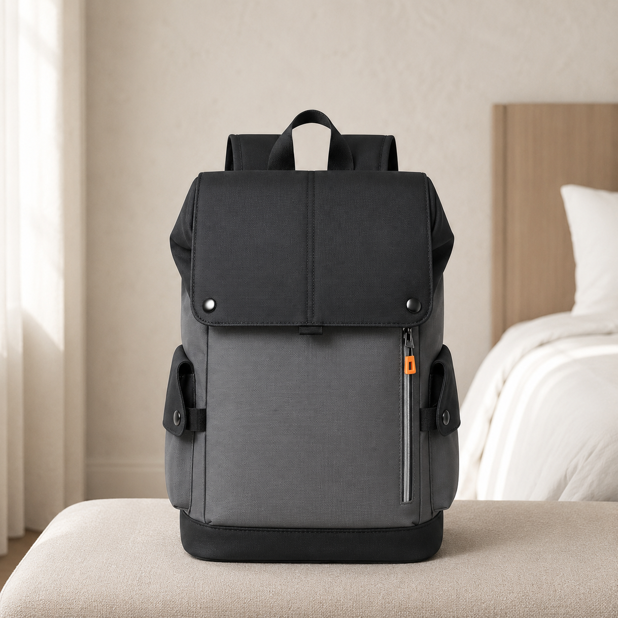 Black and gray business backpack on a bedroom bench in daylight