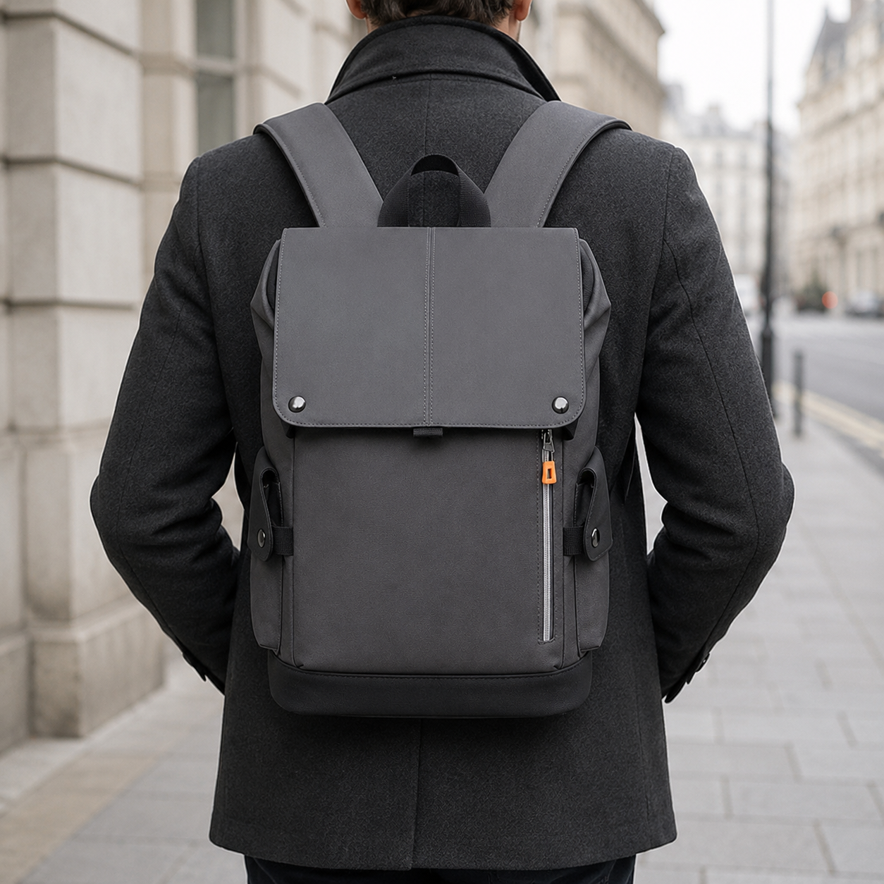 Man carrying the dark gray business backpack on both shoulders, seen from behind on a city street