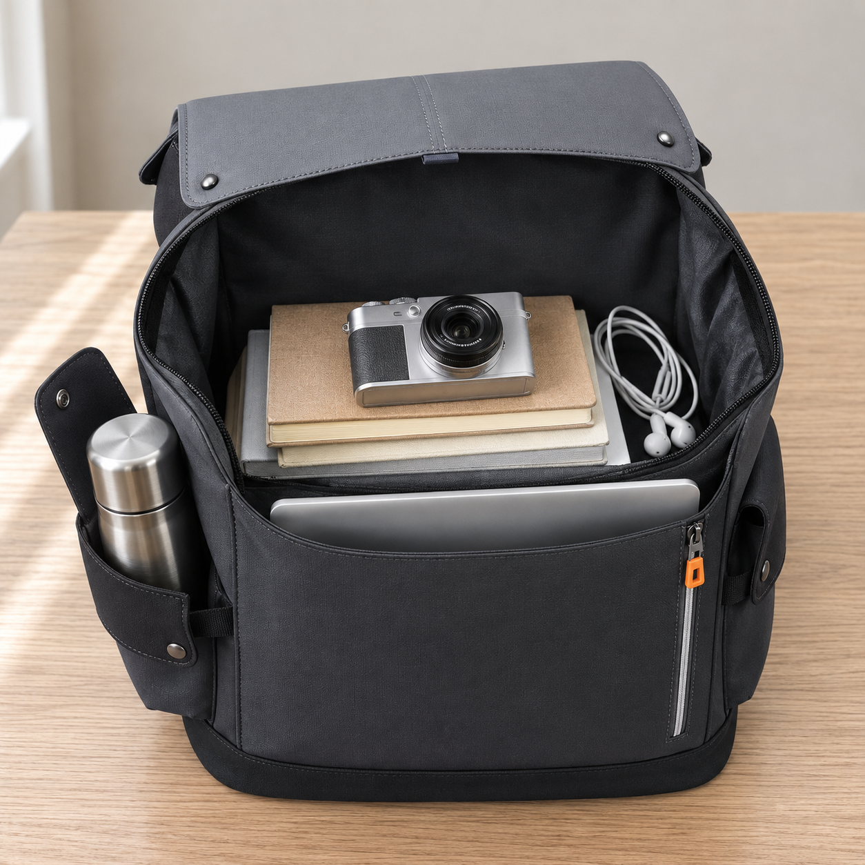 The business backpack open on an oak table: a slim laptop standing in the full-width slip sleeve on the inner face of the front panel, books, a compact camera and coiled earphones behind it, and a steel flask standing in the side pocket with its snap flap flipped up and unfastened