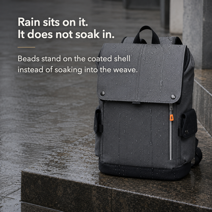 Rain standing in separate beads on the coated surface of the dark gray backpack outdoors