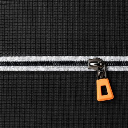 Close up of the single front zip, its light grey tape and its orange pull tab