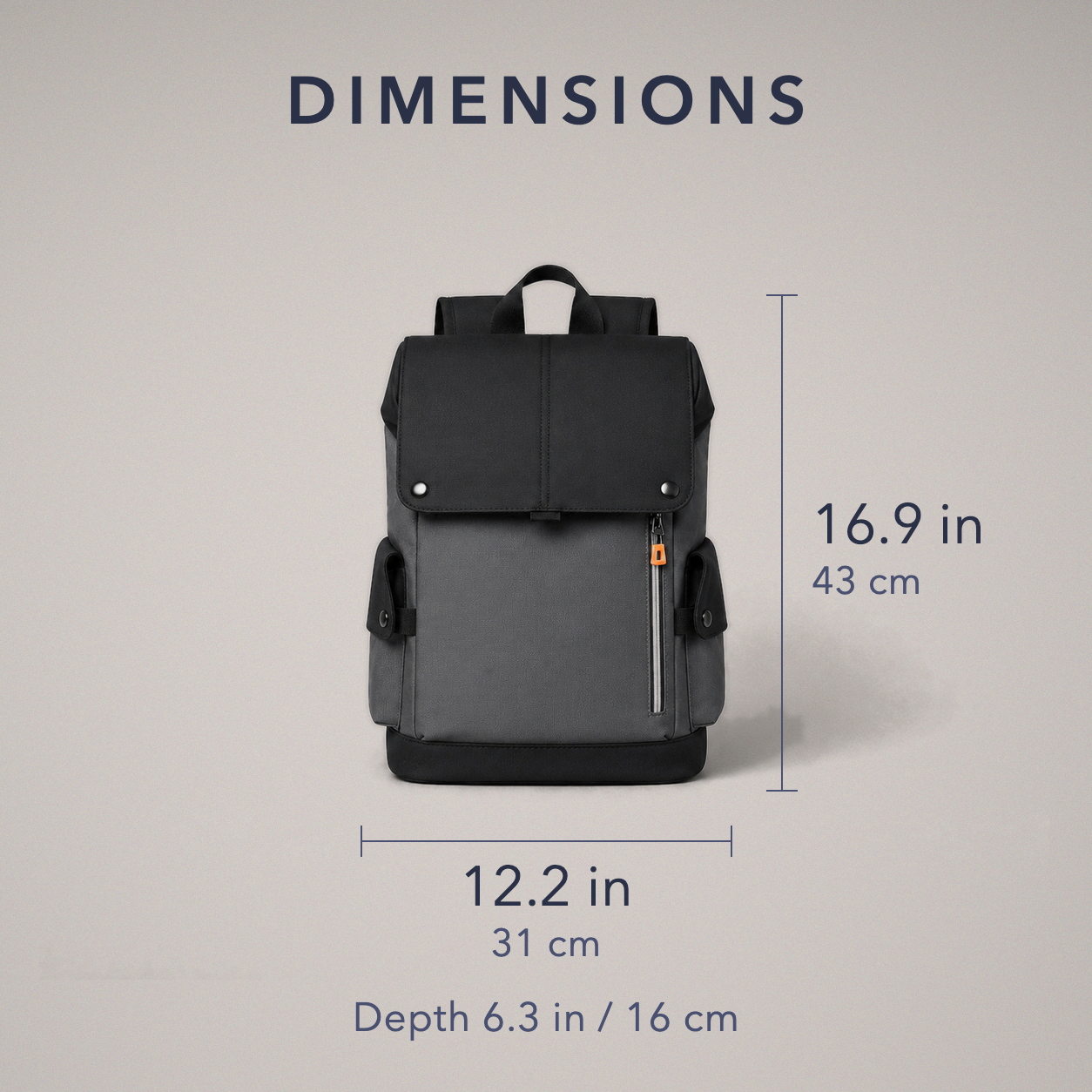 Dimension diagram: 16.9 inches tall by 12.2 inches wide, depth 6.3 inches