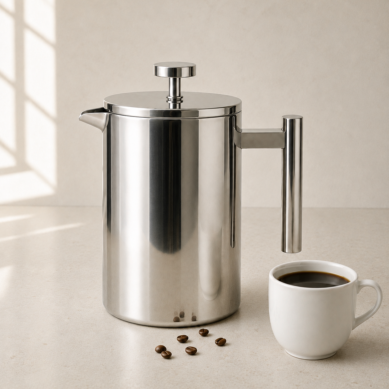 Stainless steel French press, 800 ml, on a pale stone kitchen worktop in morning daylight with a white cup of coffee and scattered beans