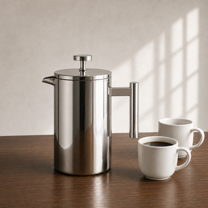 Stainless steel French press, 1000 ml, on a dark walnut dining table with two white mugs