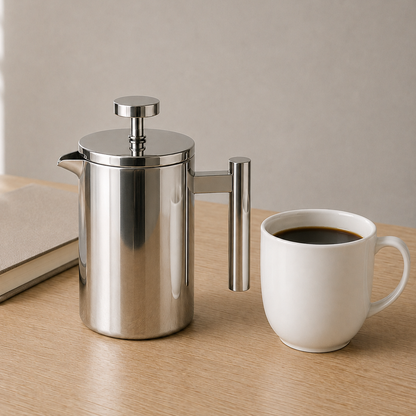 Stainless steel French press, 350 ml, on a pale oak desk beside a book and a mug of coffee