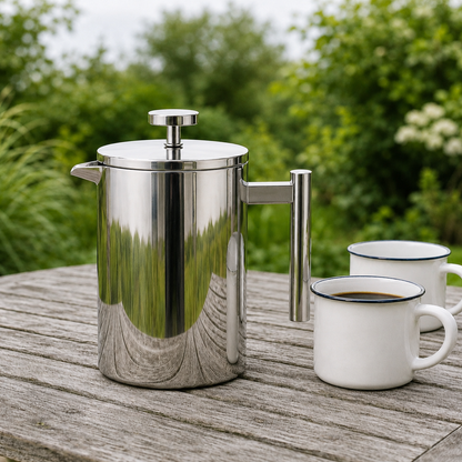 Stainless steel French press, 800 ml, on a weathered garden table outdoors, greenery reflected in the mirror-polished body