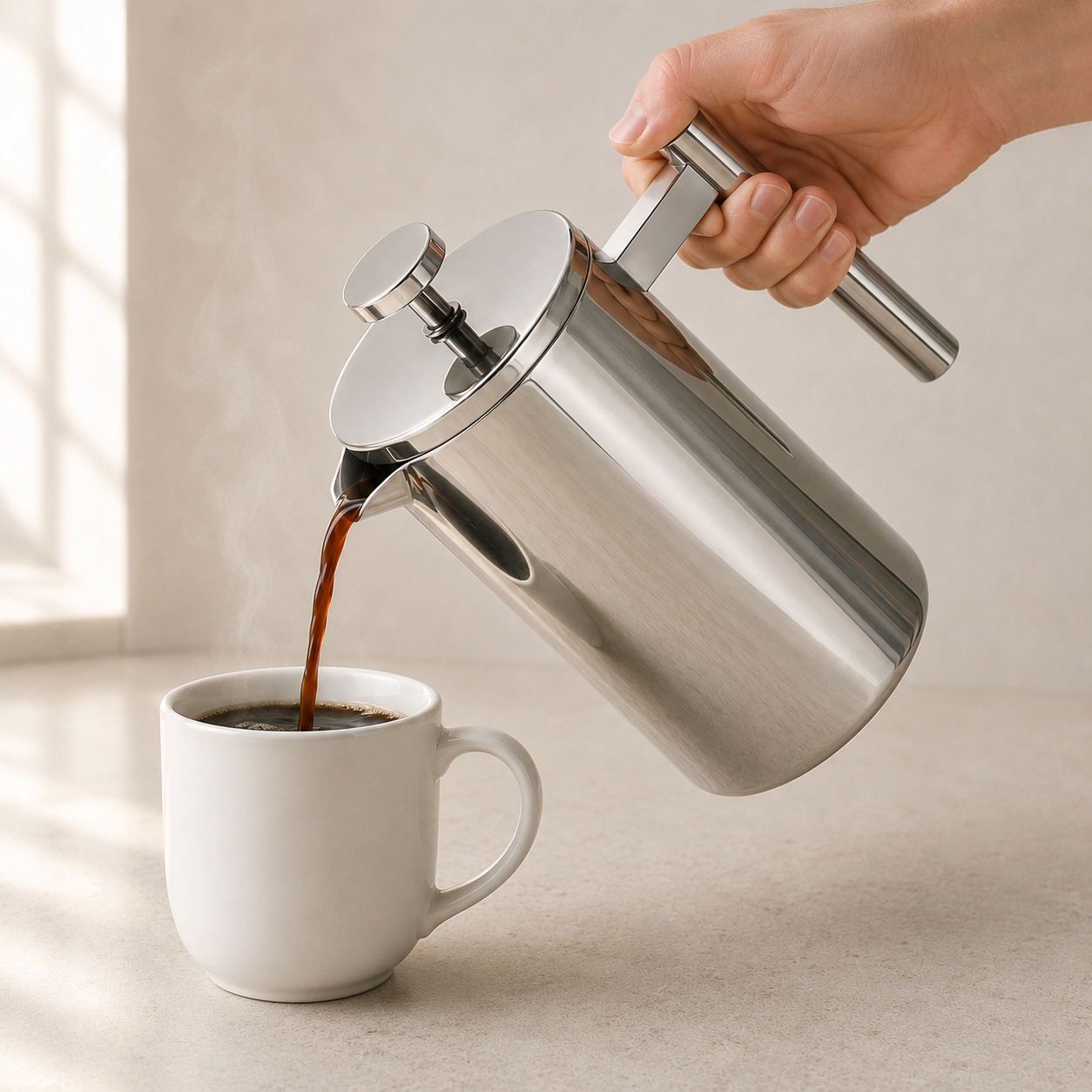 The French press tipped and pouring a steady stream of black coffee into a white ceramic mug