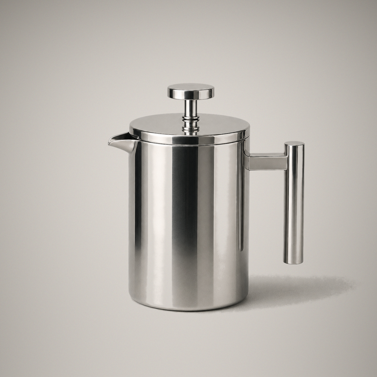 Stainless steel French press, 800 ml, front studio view on a plain grey background showing the lid, plunger knob, pouring lip drawn out of the rim, and handle