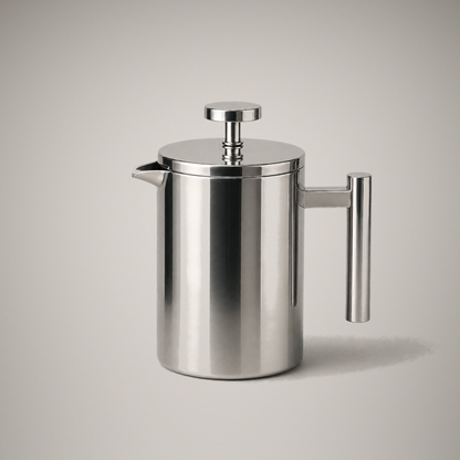Stainless steel French press, 800 ml, front studio view on a plain grey background showing the lid, plunger knob, pouring lip drawn out of the rim, and handle