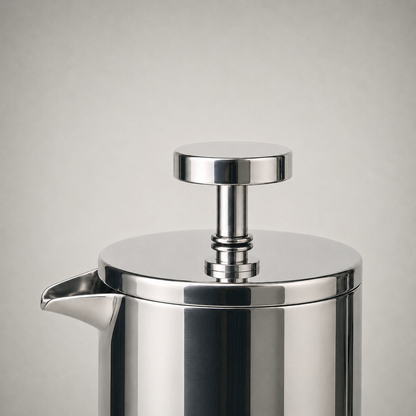 Close-up of the seated steel lid, the plunger rod and disc knob, and the pouring lip formed by the rim carried outward into an open trough
