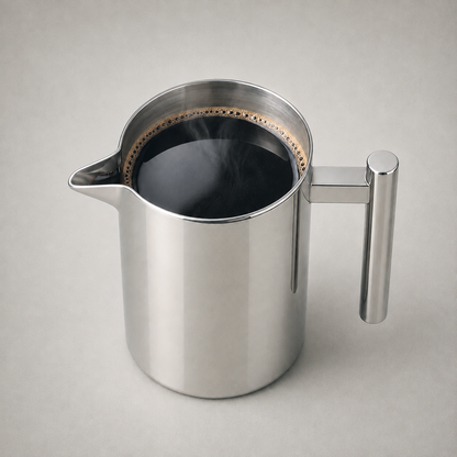 Looking down into the open mouth of the press at brewed black coffee with a crema ring at the rim; the rim opens out into the pouring lip and the outer body is opaque polished steel