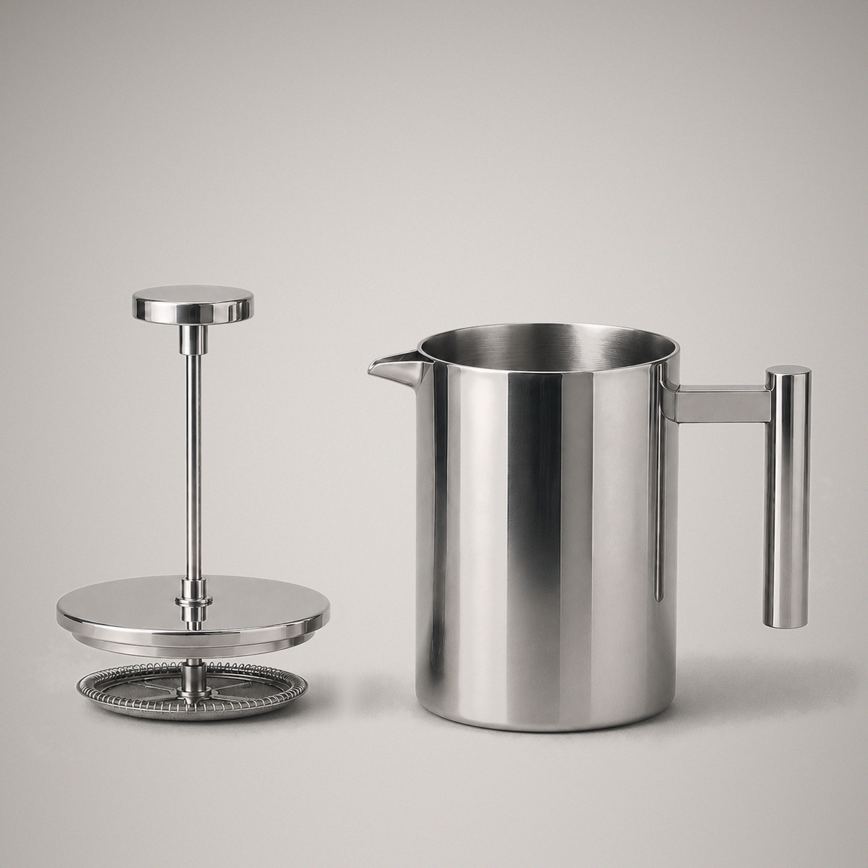 The plunger assembly lifted out and standing beside the open pot, showing the rod, lid, coil spring and woven mesh filter screen