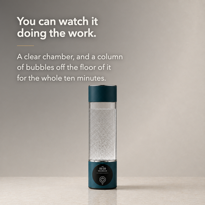 Claim card: you can watch it doing the work, a clear chamber with a column of bubbles off the floor of it for the whole ten minutes