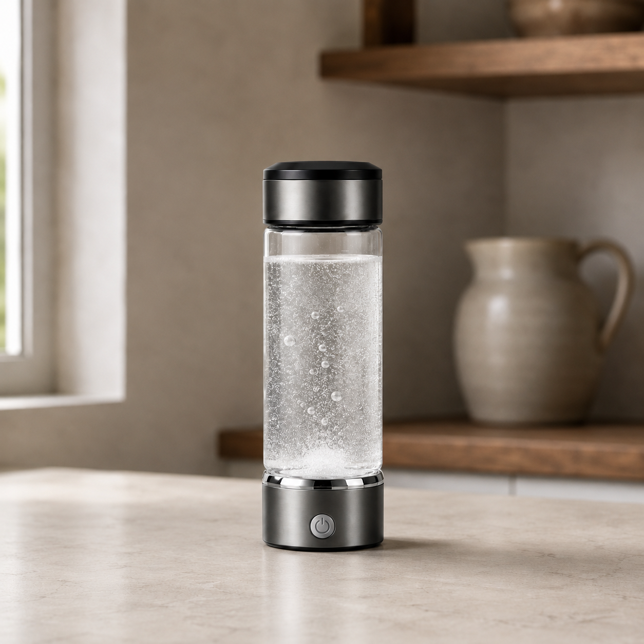 Clear hydrogen water generator bottle standing on a pale stone kitchen worktop in daylight, fine bubbles rising through the water inside the barrel