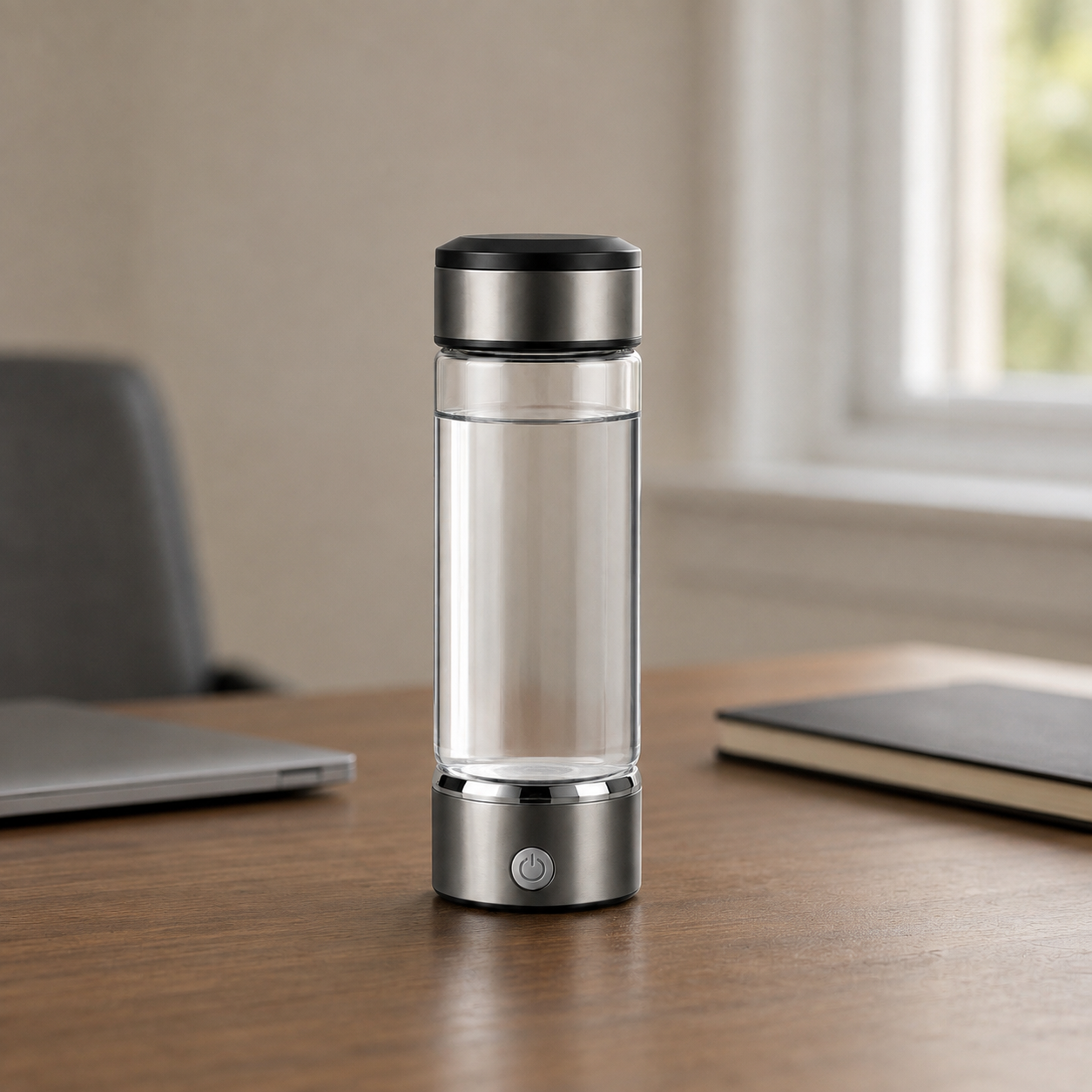 The bottle standing on a walnut desk beside a laptop and a closed notebook, filled with still clear water