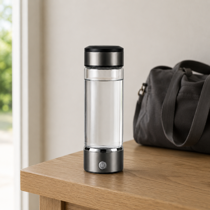 The bottle standing on an oak entryway bench beside a grey canvas holdall, filled with still clear water
