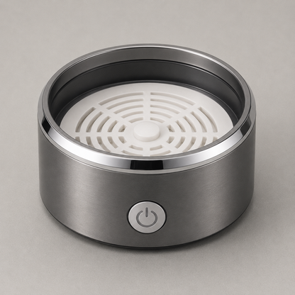 The metal base with the barrel lifted off, looking down at the white slotted plate in the floor of the chamber and the small boss at its centre