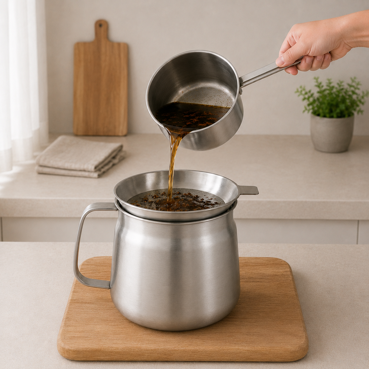 A hand tips a whole saucepan of used cooking oil through the filter bowl and screen into the strainer pot, debris caught on top