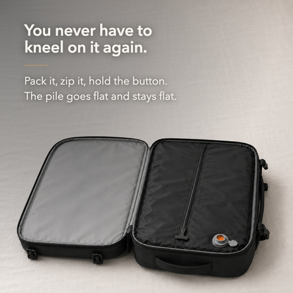 The backpack open flat on a linen bed, its sealed black compression chamber with one zip and the grey air valve, and the words You never have to kneel on it again