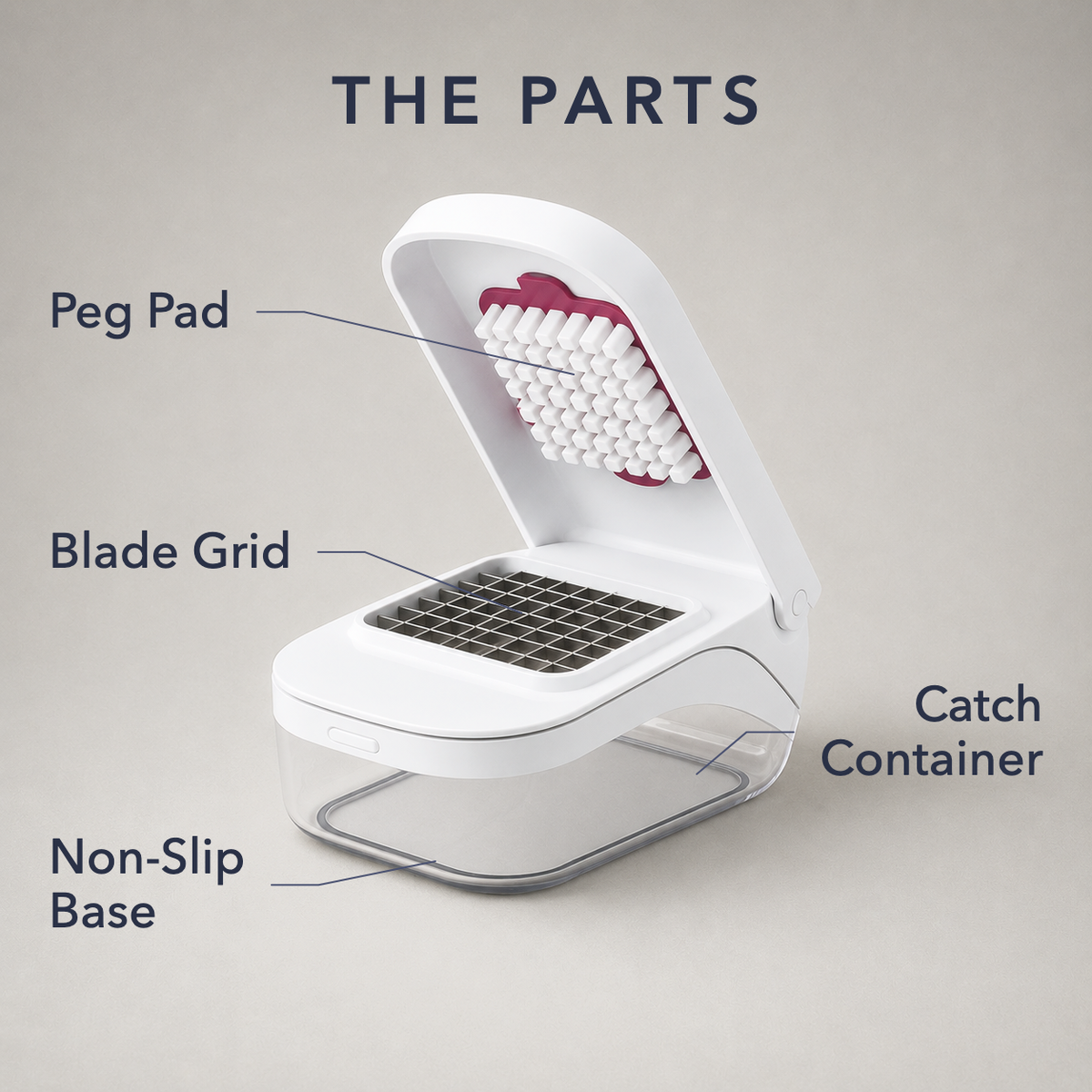 Labelled diagram of the vegetable chopper on a grey background, headed THE PARTS, naming the peg pad, the blade grid, the non-slip base and the catch container.