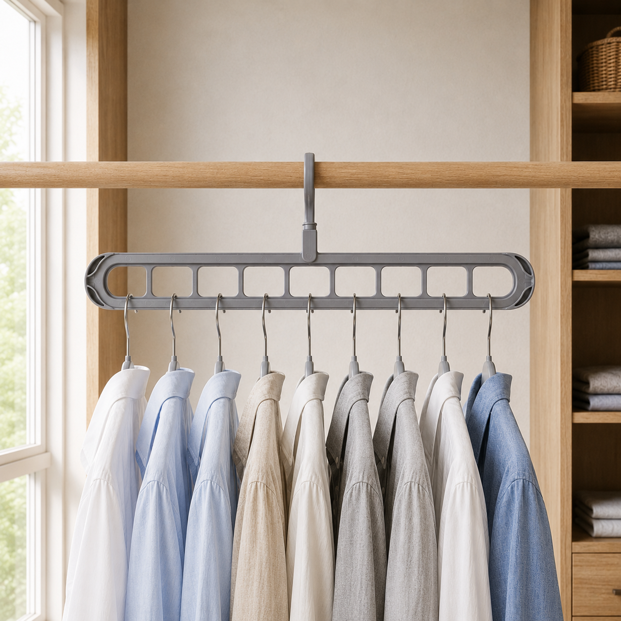 Gray nine-slot hanger on a wooden closet rail holding nine shirts, daylight from a window at the left
