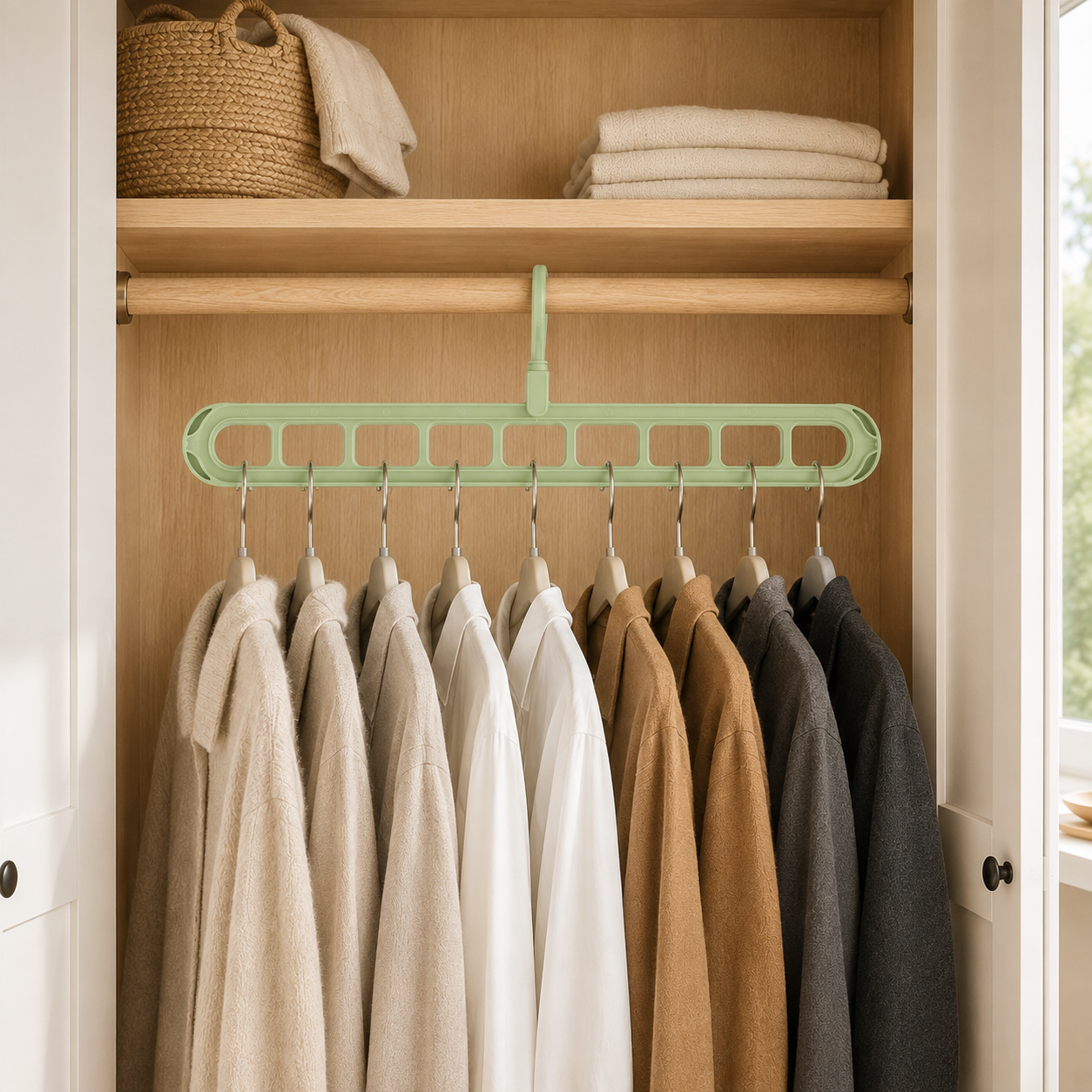 Green nine-slot hanger on a wooden wardrobe rail holding nine garments below a shelf