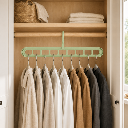 Green nine-slot hanger on a wooden wardrobe rail holding nine garments below a shelf