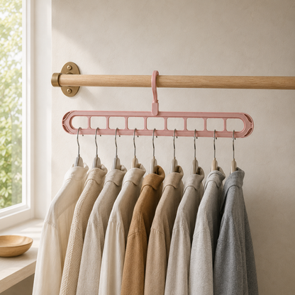 Pink nine-slot hanger on a dressing room rail holding nine garments