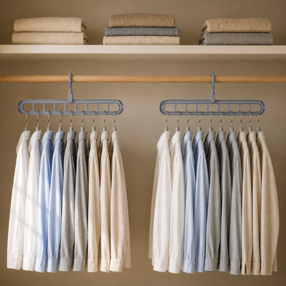 Wider view of a reach-in closet with two gray nine-slot hangers loaded with shirts on the rail