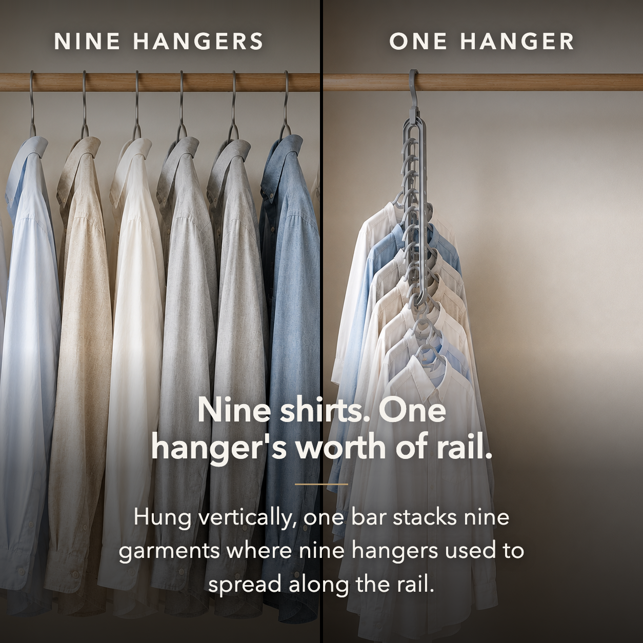 Side by side comparison: nine separate hangers spread along a rail on the left, one hanger holding nine shirts stacked vertically on the right