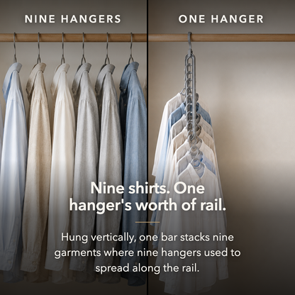 Side by side comparison: nine separate hangers spread along a rail on the left, one hanger holding nine shirts stacked vertically on the right