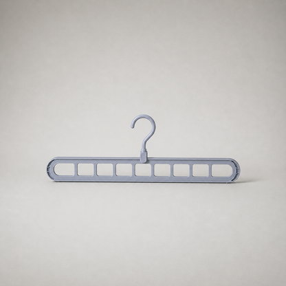 Gray nine-slot hanger shown front on against a plain grey background, hook uppermost