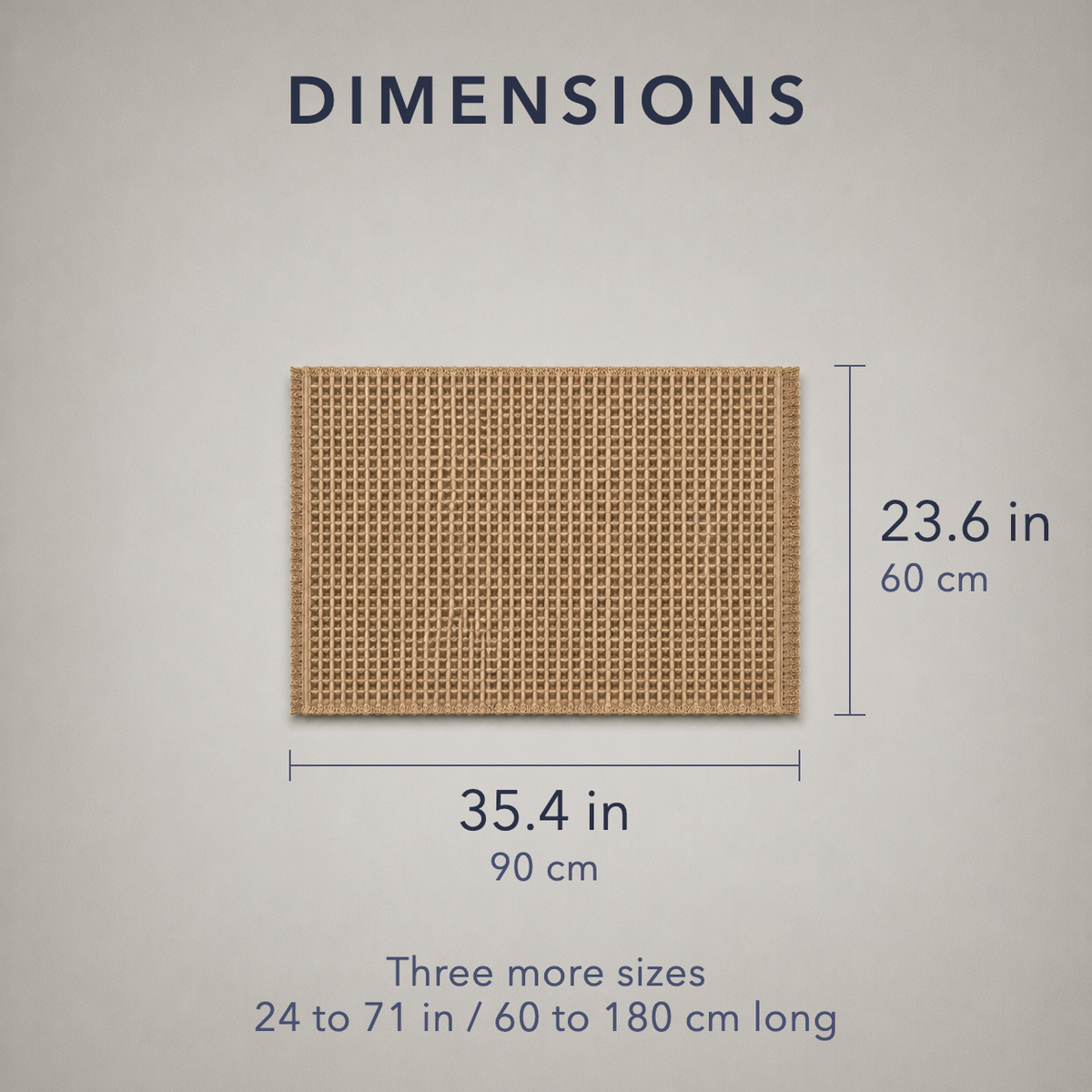 Dimension card: bath mat 35.4 in / 90 cm wide and 23.6 in / 60 cm deep, with three more sizes from 24 to 71 in / 60 to 180 cm long