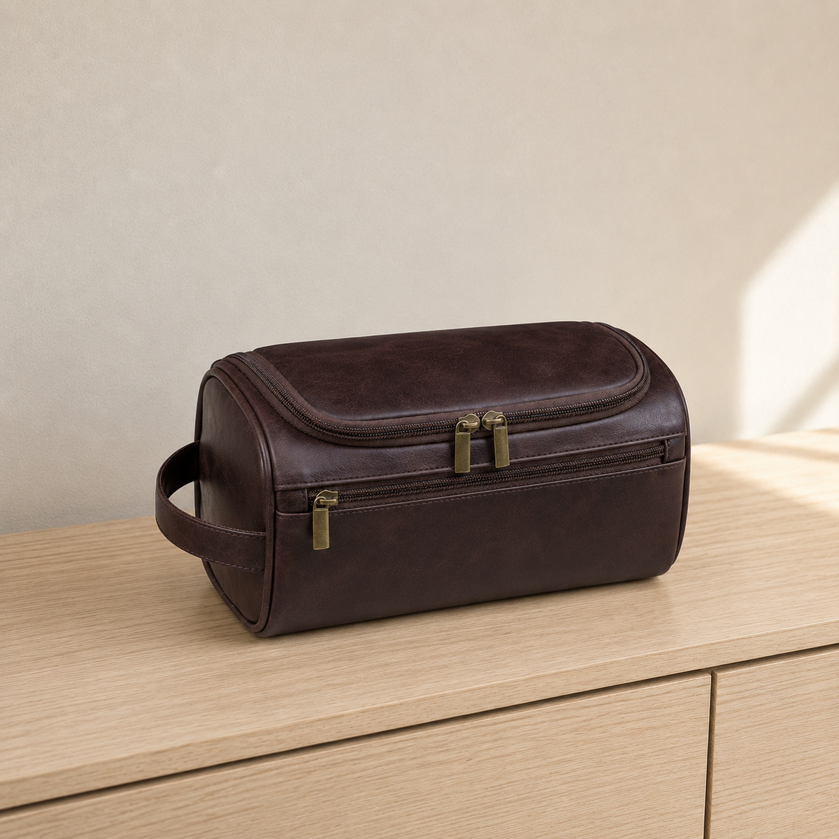 Dark Brown hanging toiletry bag closed on a light wood bedroom top in daylight, with warm gold-toned zip pulls