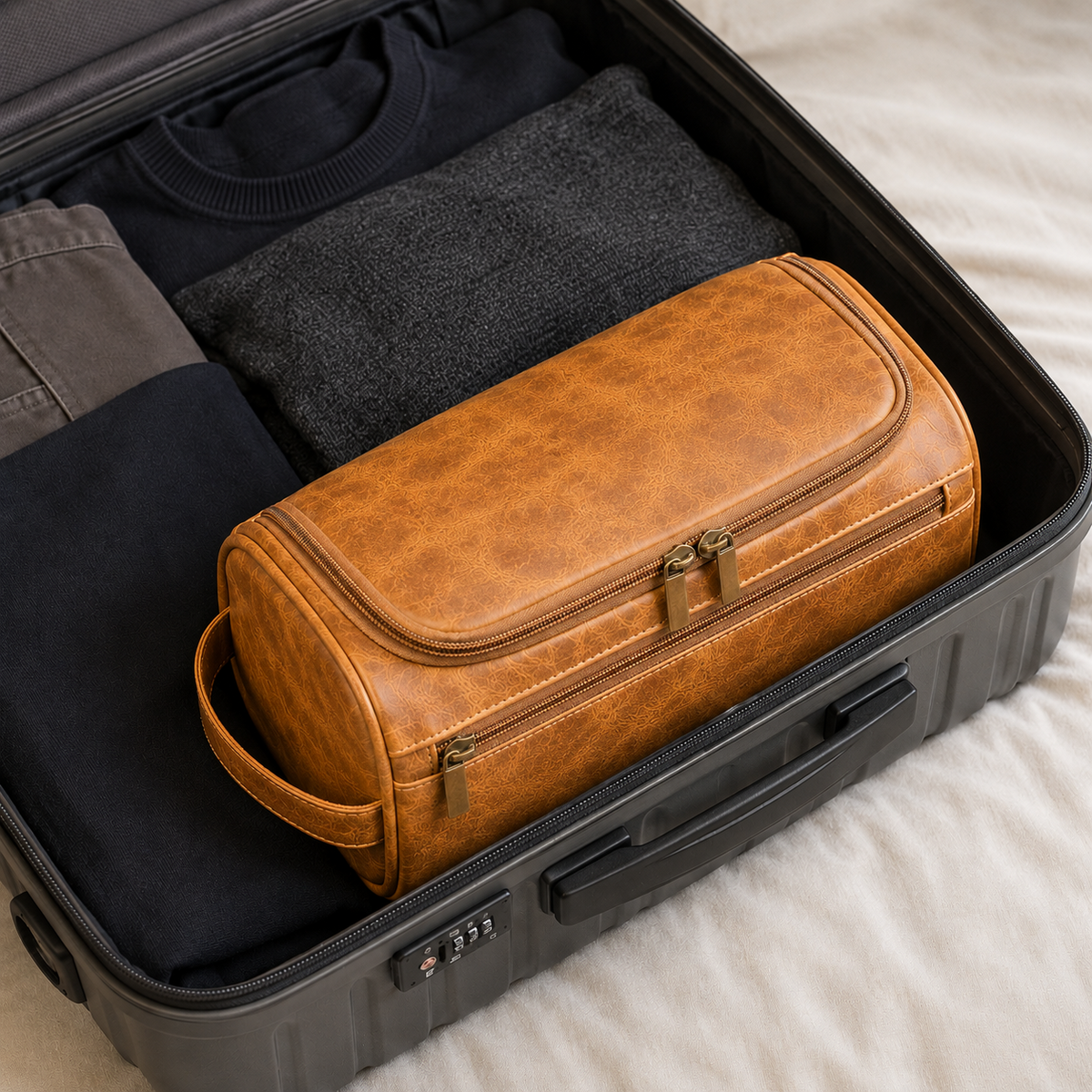 Light Brown hanging toiletry bag packed in an open suitcase beside folded clothes