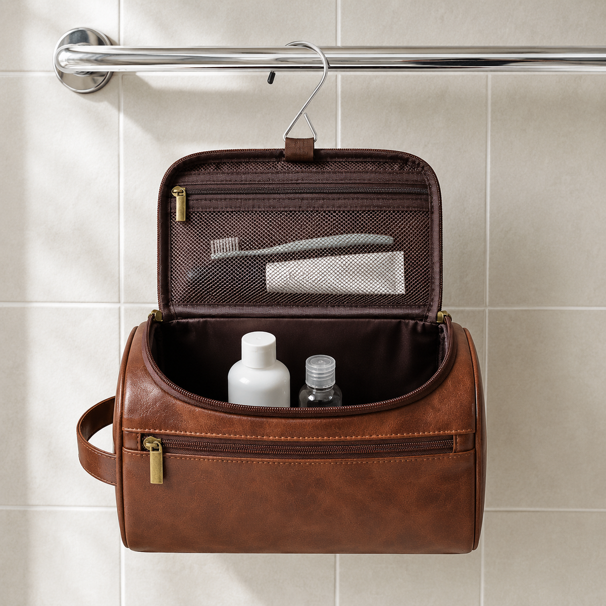 Brown toiletry bag hanging open from a chrome towel rail by its wire hanger hook, the lid folded down to show one full width zipped mesh pocket with a toothbrush and a tube of toothpaste behind the mesh, and two plain bottles standing in the body below
