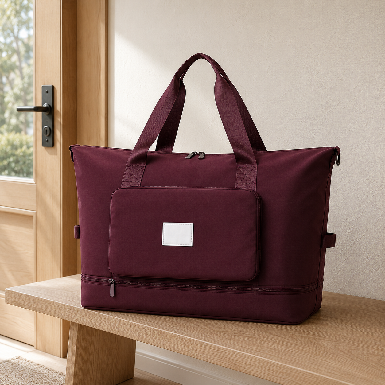 Burgundy foldable travel bag on a wooden hallway bench in daylight, with twin webbing carry handles and a front pocket panel