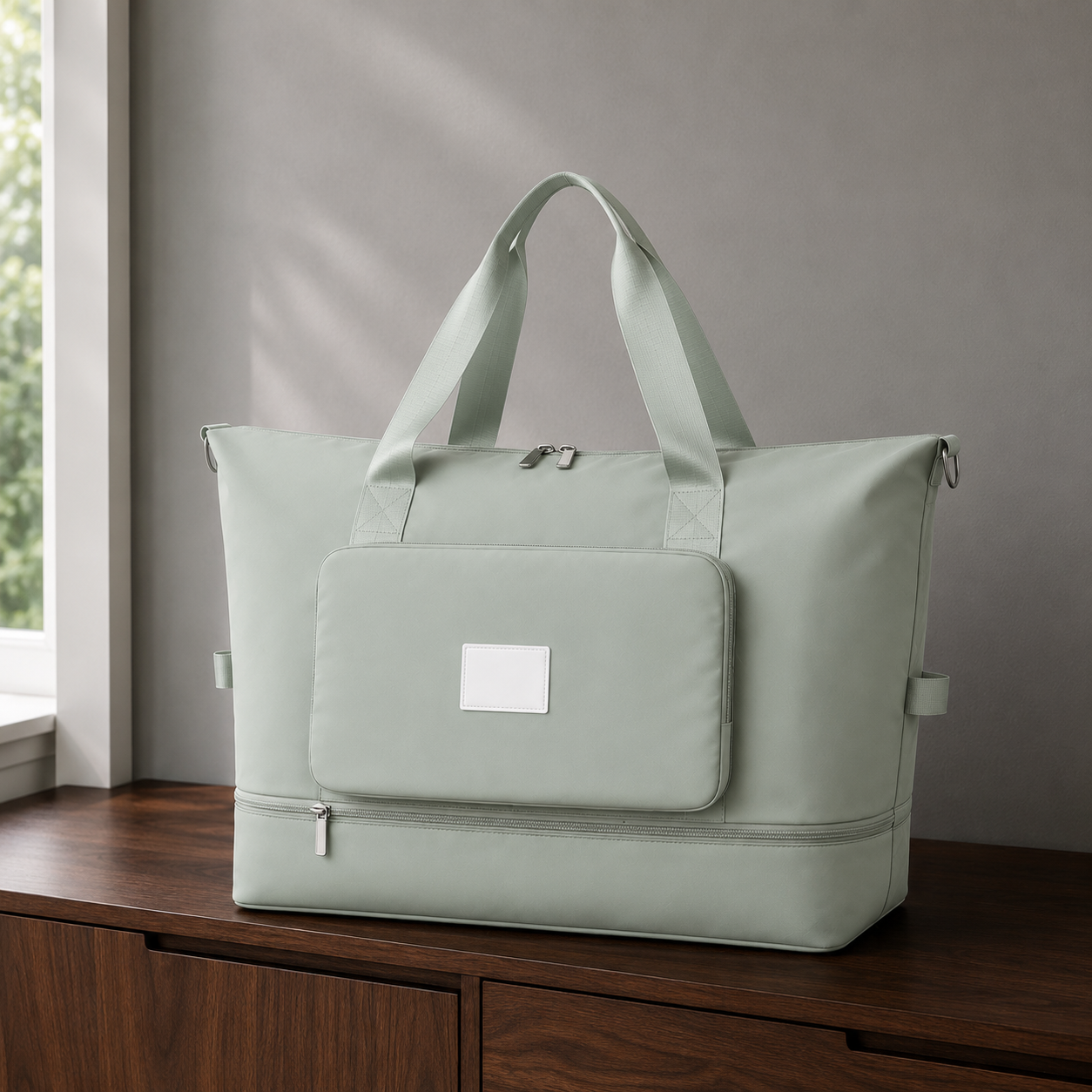 Green foldable travel bag on a living room sideboard in daylight, with twin webbing carry handles