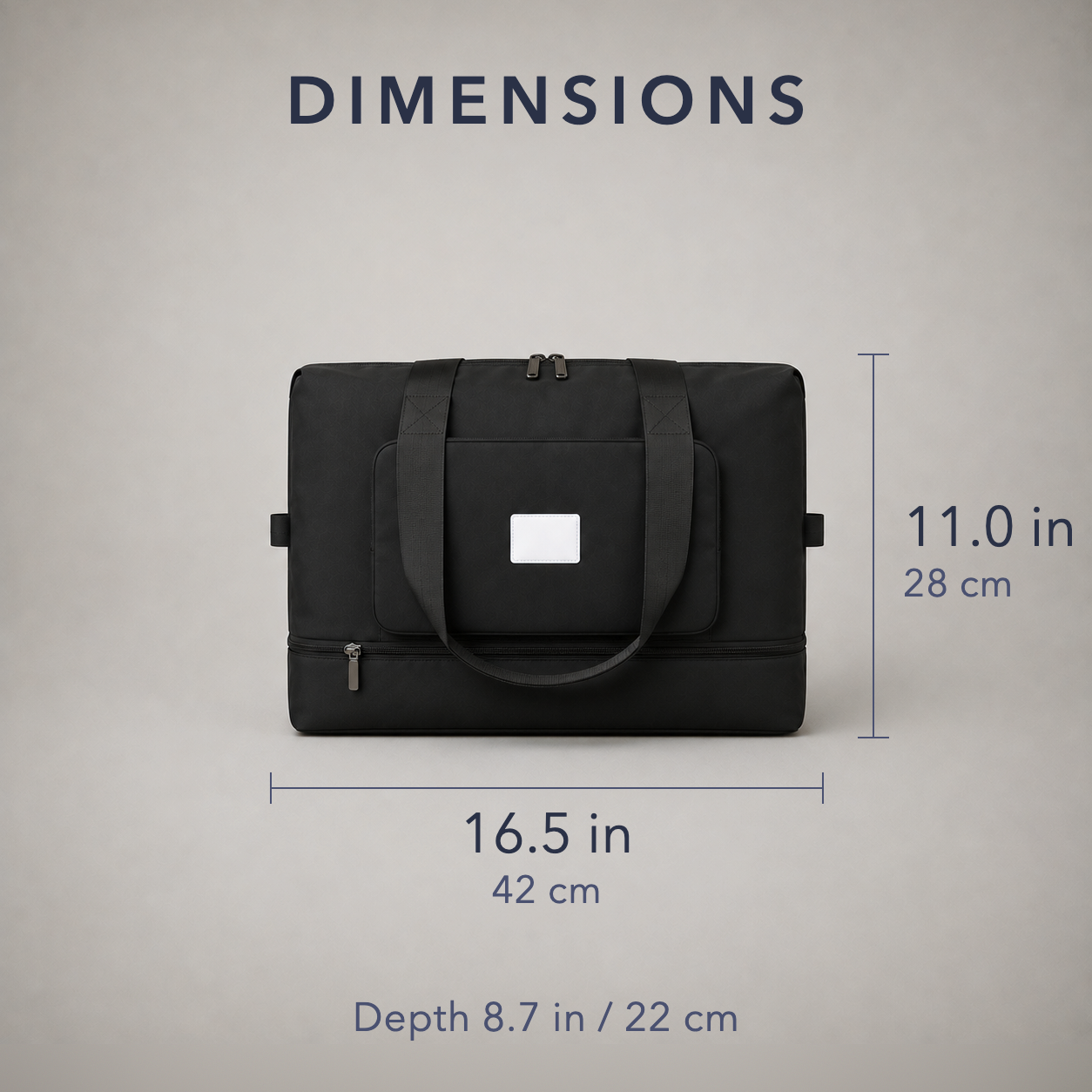 Dimension diagram of the black travel bag, 16.5 inches or 42 cm wide and 11.0 inches or 28 cm tall, with a depth of 8.7 inches or 22 cm